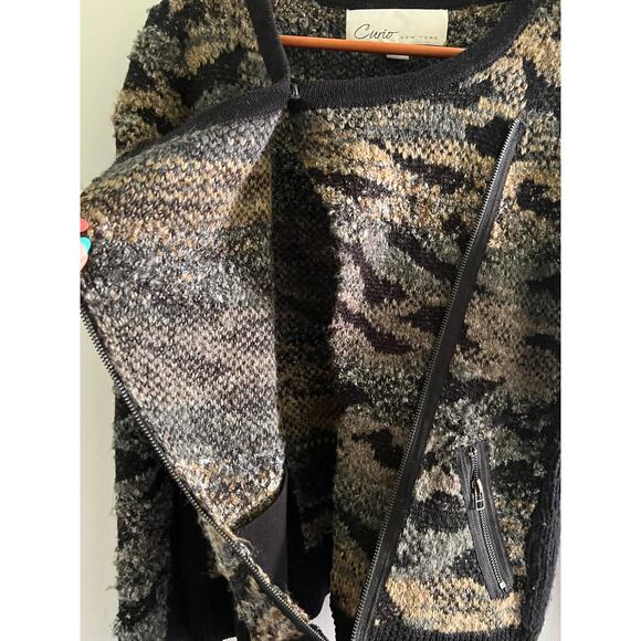 Curio New York Cardigan Sweater Black Brown Abstract Asymmetrical Zip Large JL - Picture 4 of 8